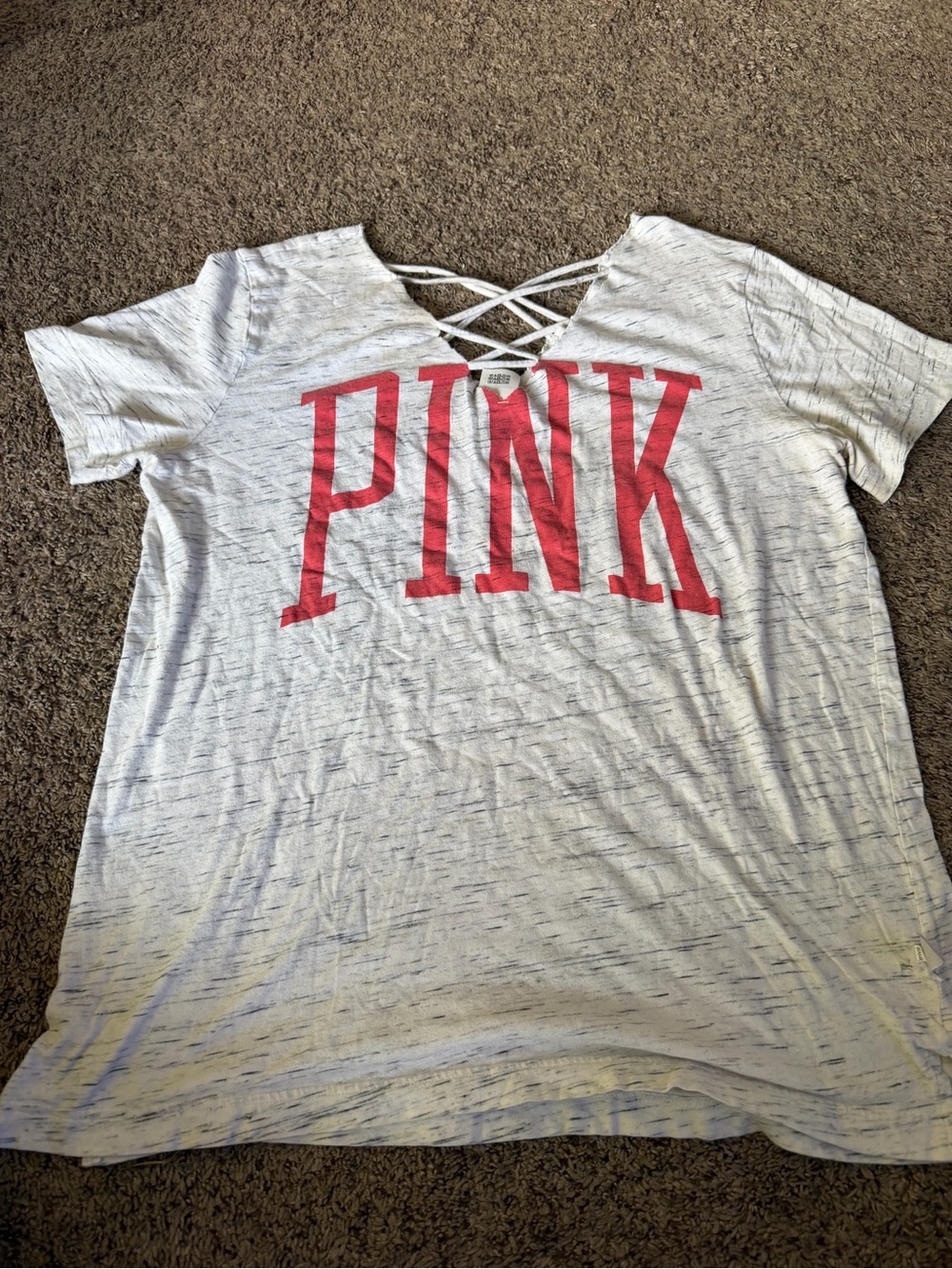 PINK Victoria's Secret White Short-Sleeve Tee with Pink Logo and Crisscross Back